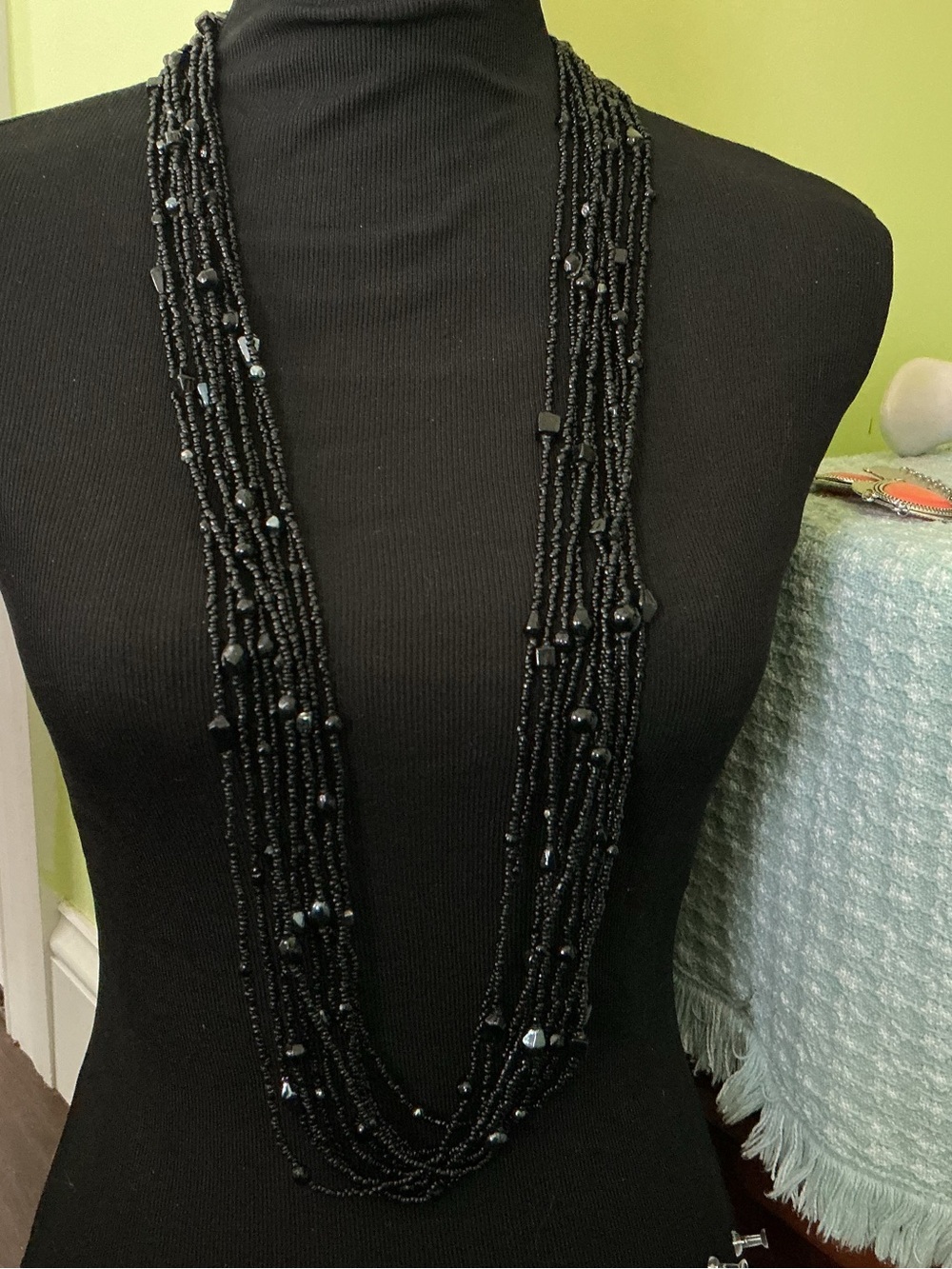 NWT 1928 Black/Green Glass Stone Earrings/20-Strand Seed Bead Marcasite Necklace - Picture 5 of 5